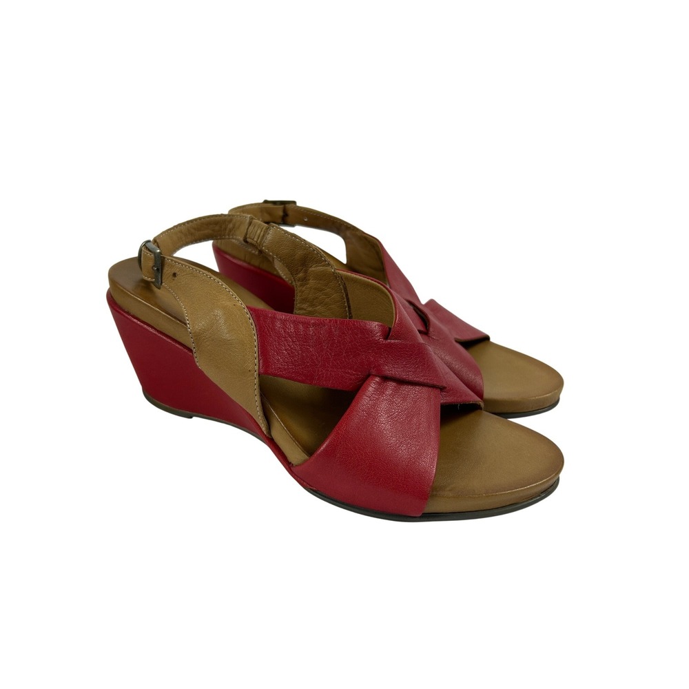 Bueno Red Tan Leather Crisscross Slingback Wedge Sandals Boho‎ Size 36/6
